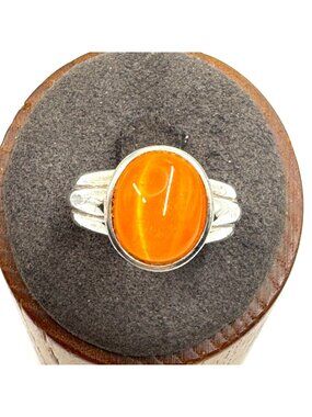Orange Cat's Eye Cabochon Statement Ring 925 Sterling Silver Size 5.76